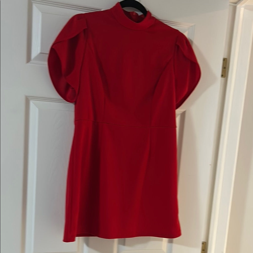 Red Sheath Mini Dress with Puff Sleeves and Mock Neck